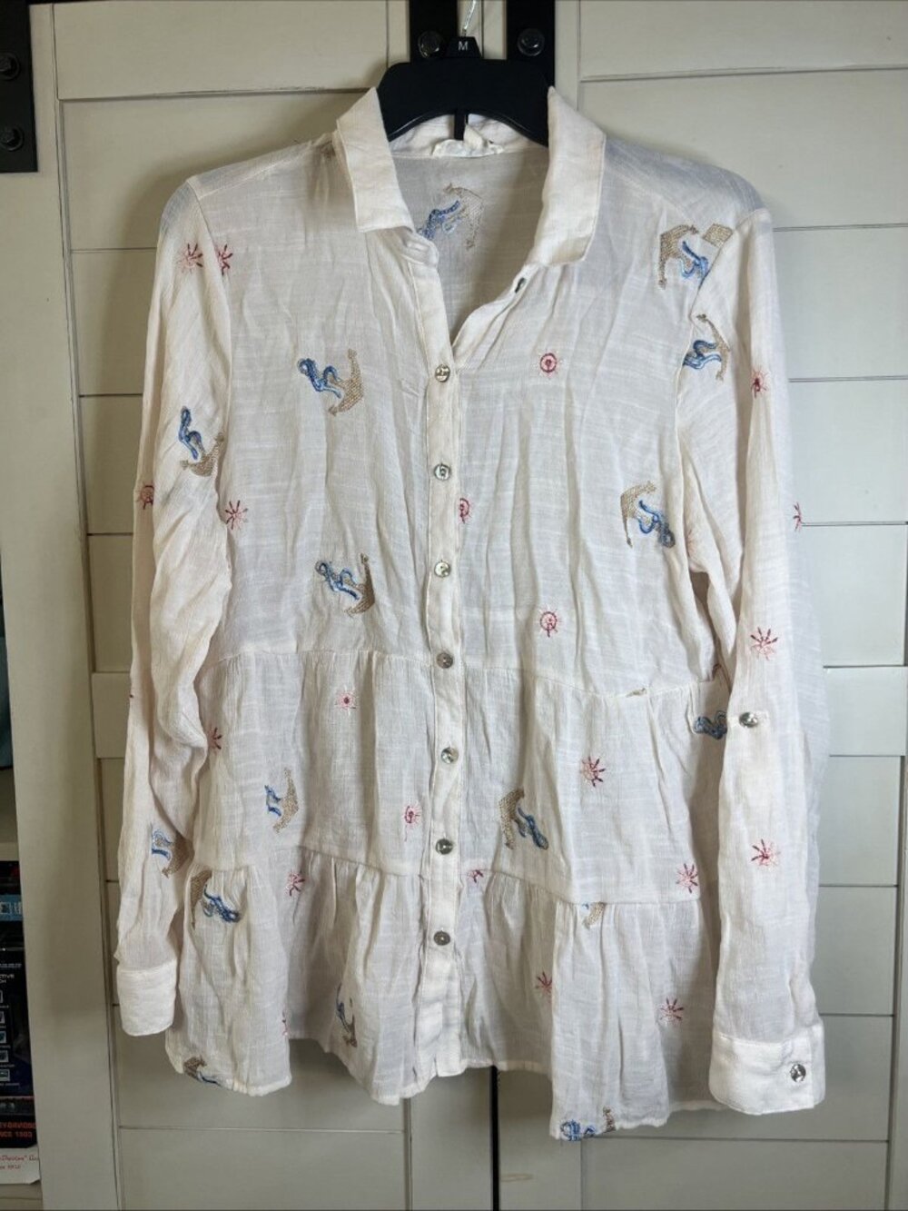 Hope Springs Womens Top Large Beige Anchors Embroidered Blouse Shirt